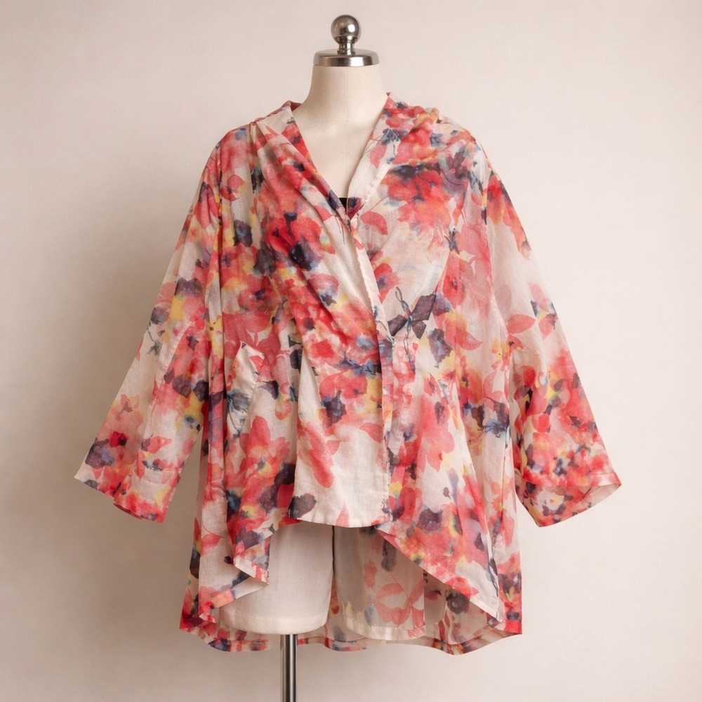 Alembika Cotton Watercolor Floral Sustainable Hooded Tunic Blouse Draped Resort